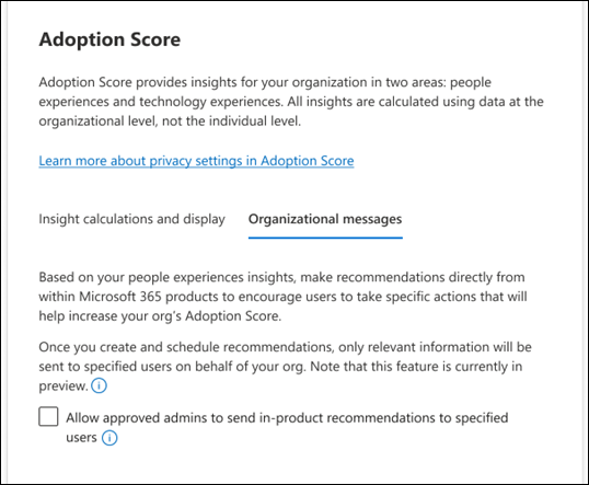 Screenshot: Enable Organizational Messages in Adoption Score.