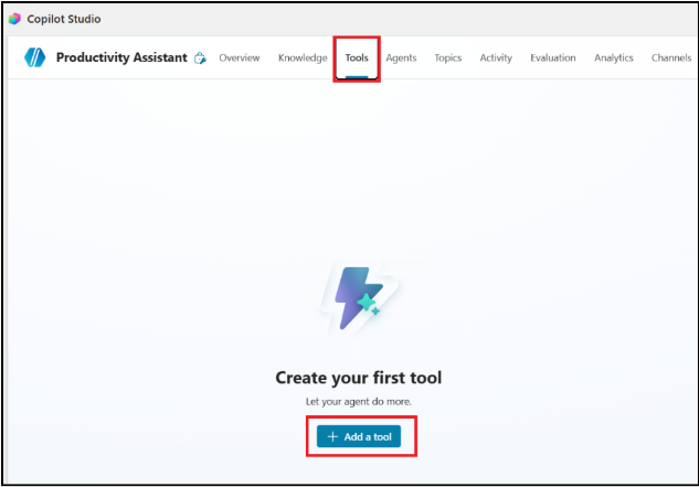 Screenshot of the Create your first tool page in Copilot Studio.