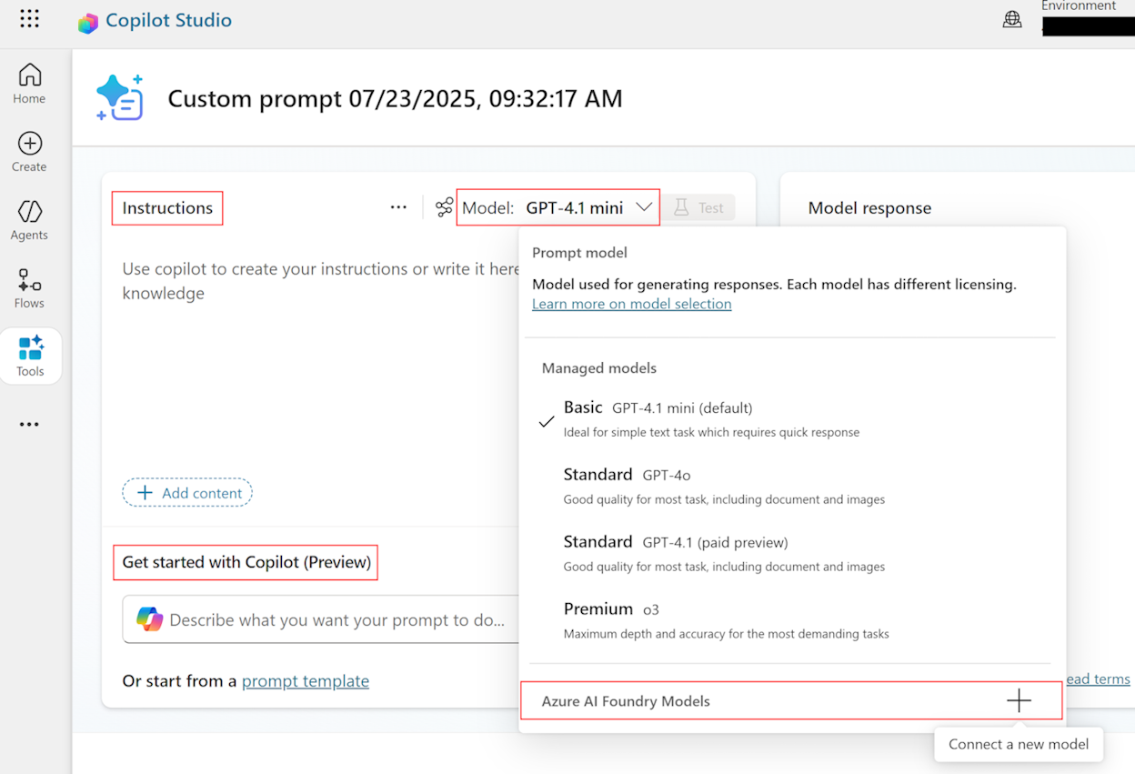 Screenshot of the 'Custom Prompt' screen, where you add a prompt and select a model.
