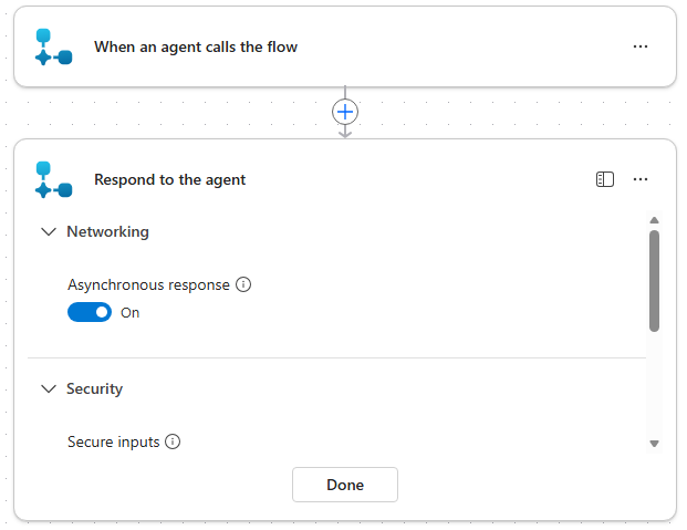 Screenshot of the Respond to the agent action settings panel with the Asynchronous response toggle set to On.