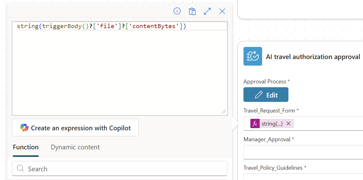Screenshot showing how to apply the string function from Power Fx to convert files to base64 format.