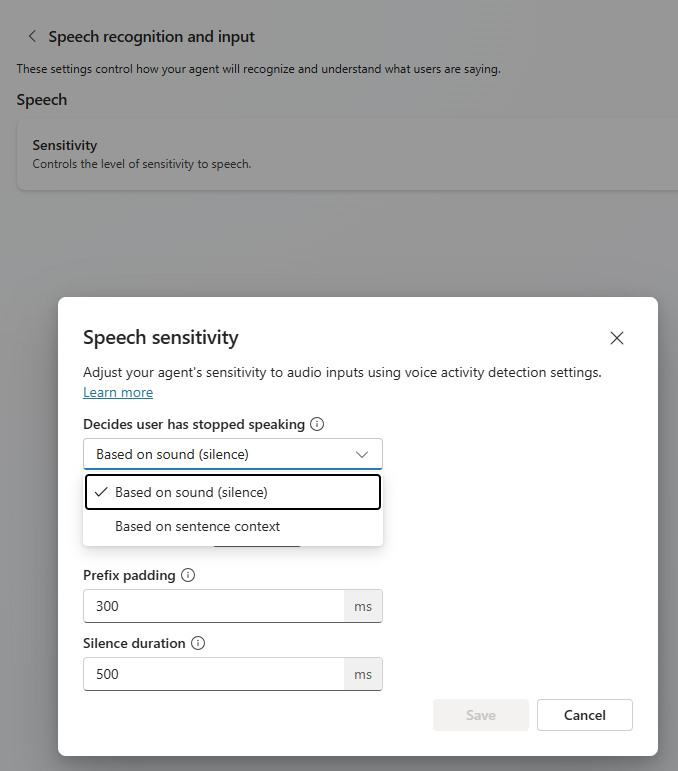 Screenshot of the Speech sensitivity dialog.