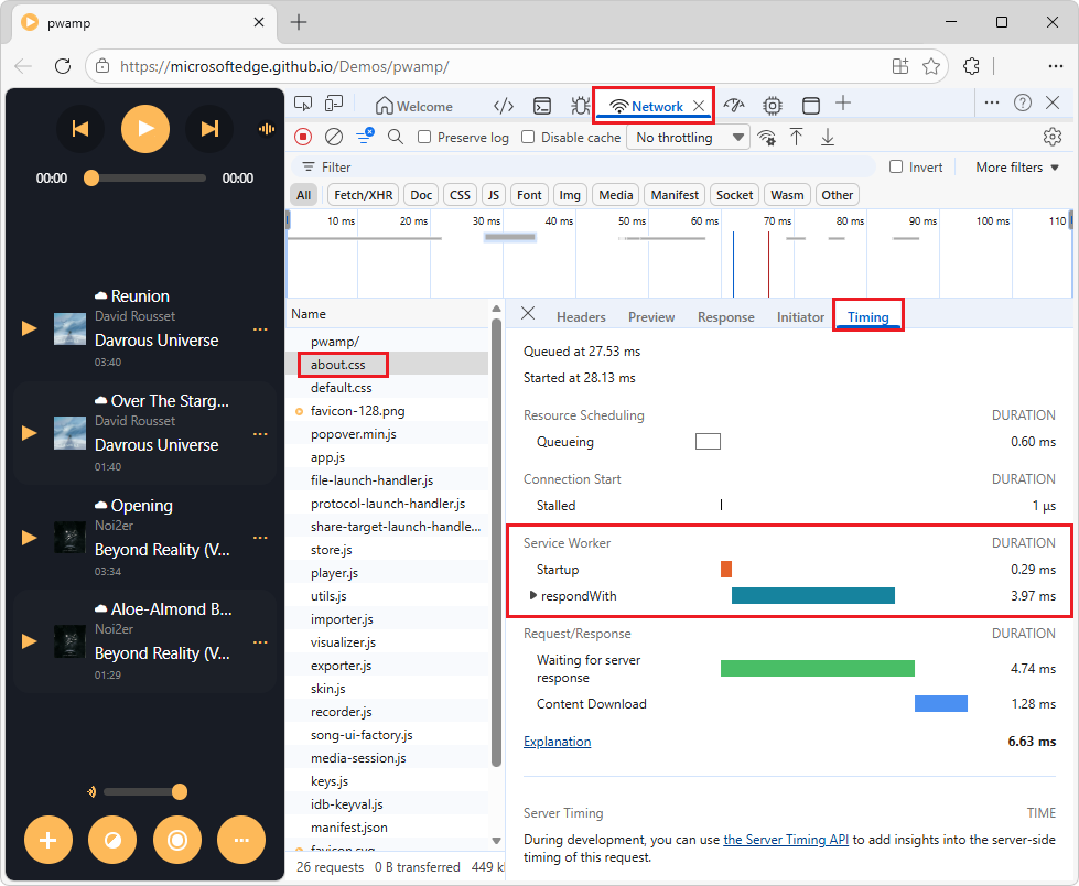 The Timing tab within the Network tool