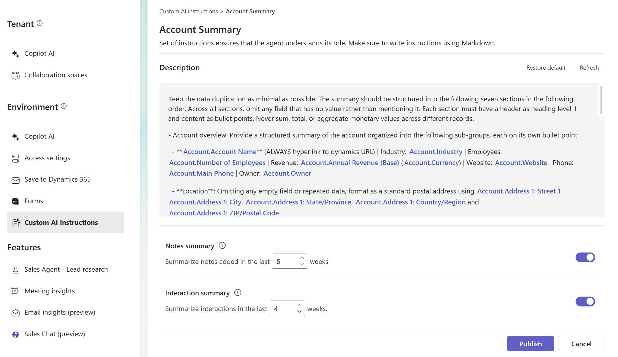 Screenshot showing edited custom AI instructions for account summary.