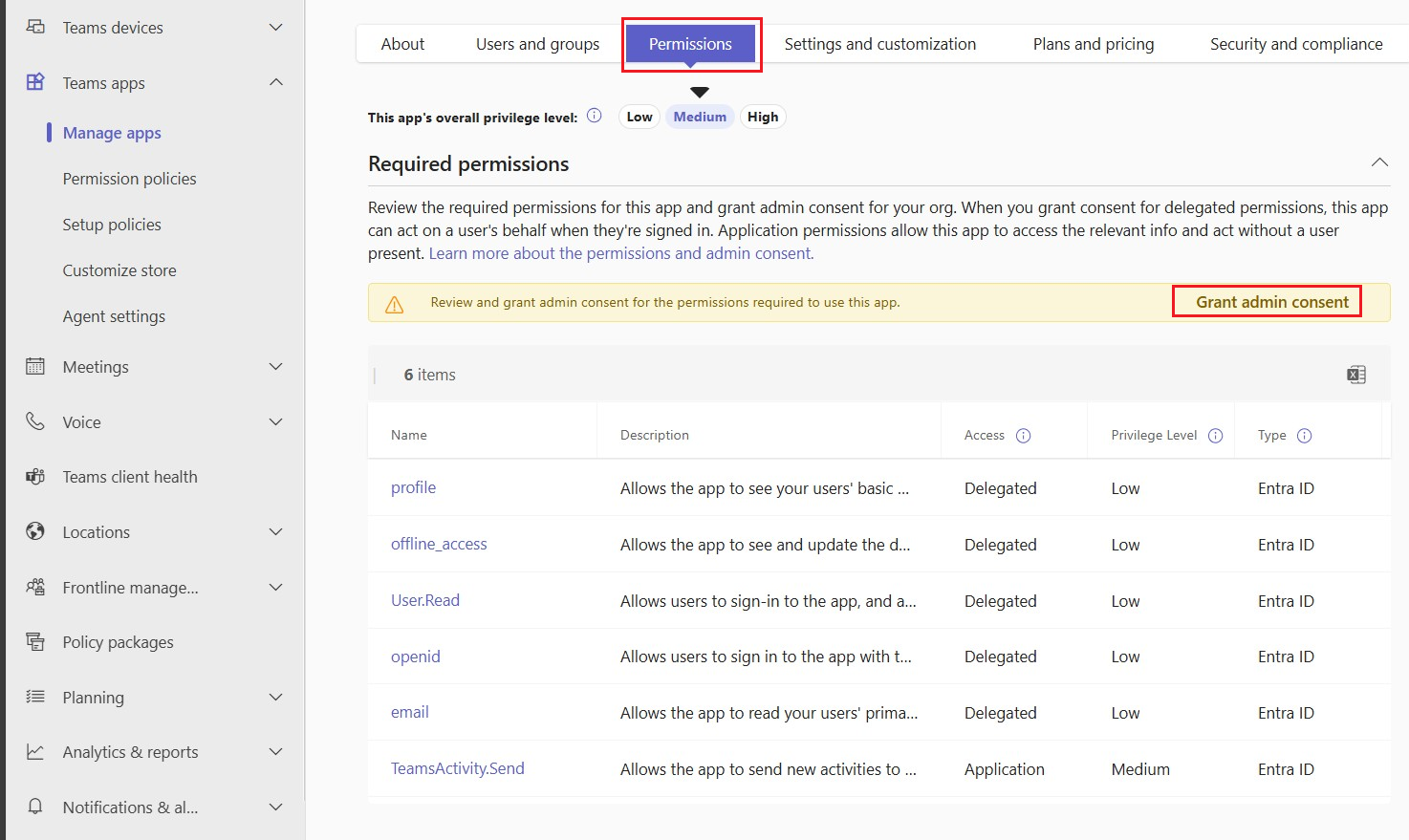 Screenshot showing the option to grant consent to Graph permissions requested an app.