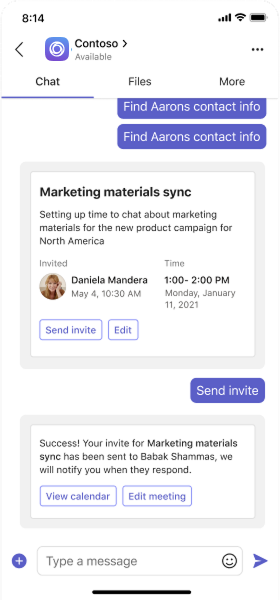 Example shows a multi-turn interaction with a bot on mobile.