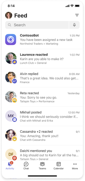 Example shows a toast of a bot proactively messaging a user from another channel on mobile.