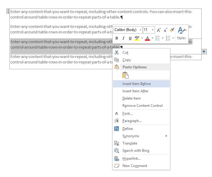 Repeating section content control context Repeating section content control context screenshot