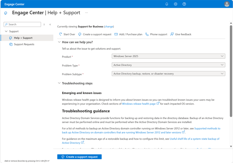 Screenshot that shows the Engage Center Support for Business |How can we help you?.