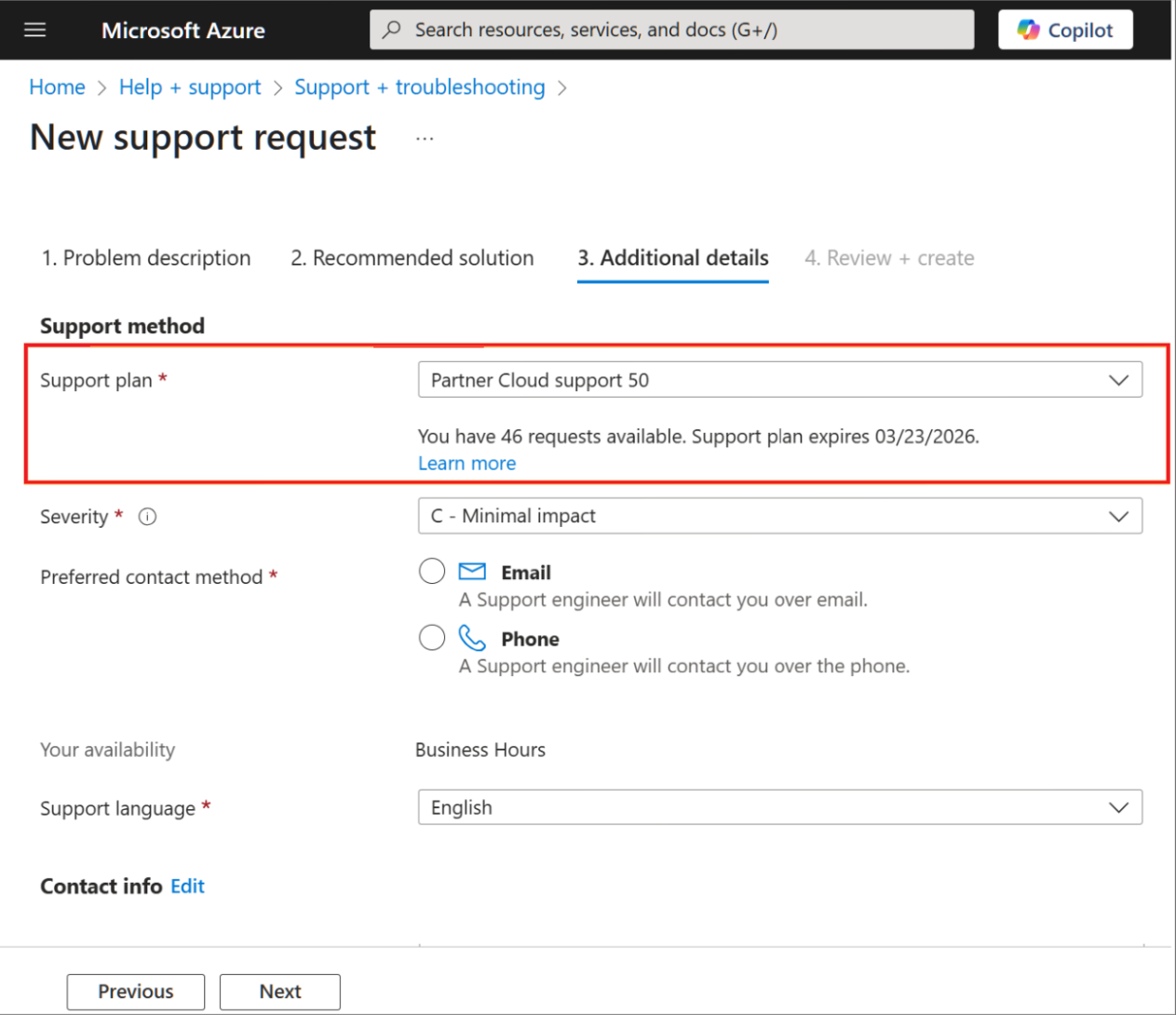 Screenshot that shows the New support request screen with the Support plan dropdown highlighted.