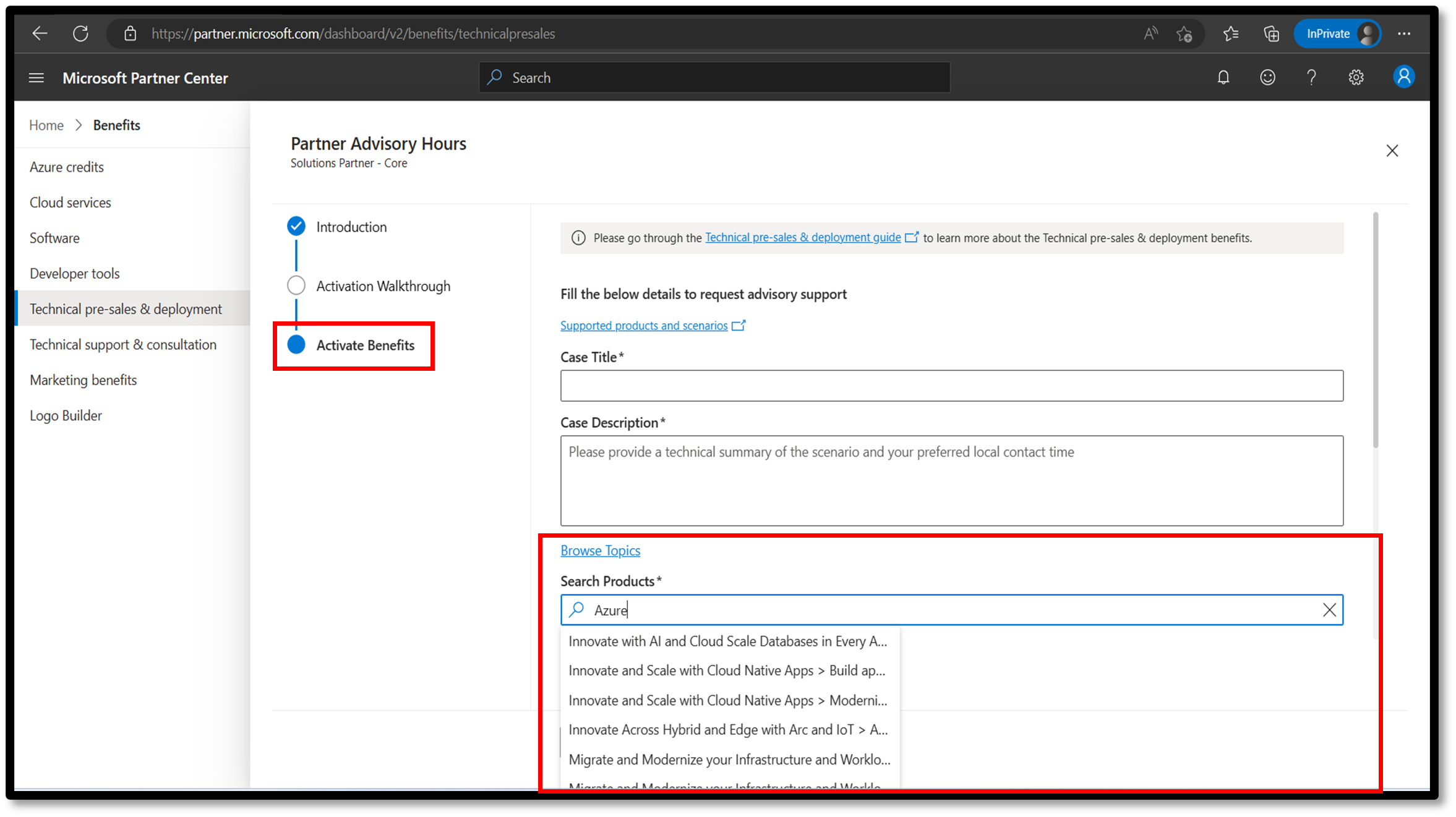 Screenshot that shows the Technical Presales and Deployment benefits Search products page.