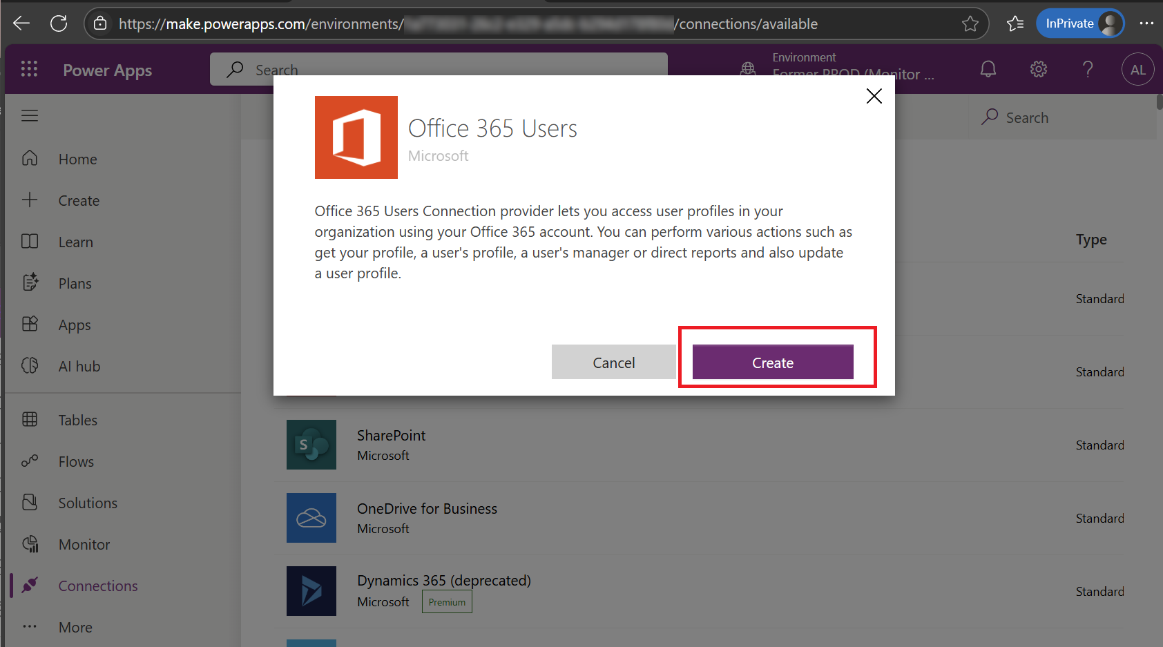 Create Office 365 Users connection in Power Apps