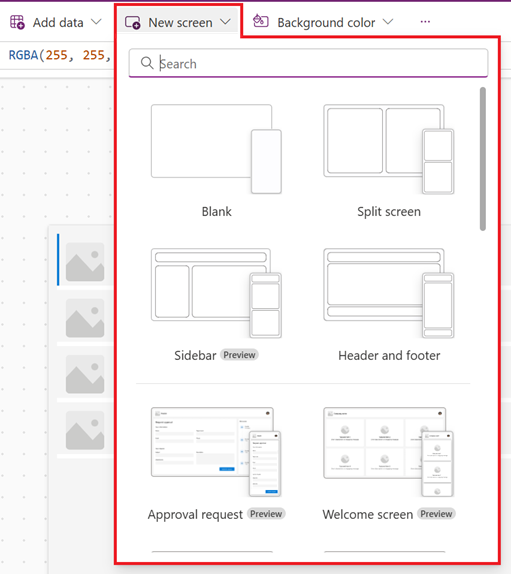 Screenshot that shows the location of the New screen menu from the command bar.