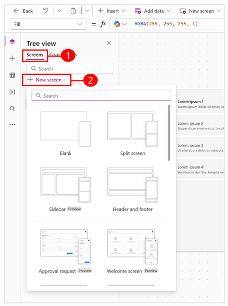 Screenshot that shows how to choose a layout from the New screen menu