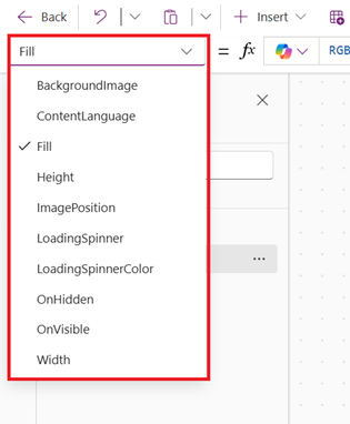 Screenshot that shows the properties list of an object you select in your app canvas.