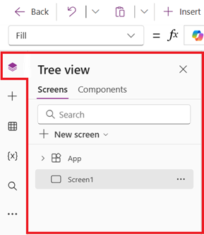 Screenshot that shows the Tree view pane when you select Tree view from the authoring menu.