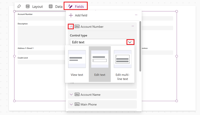 Screenshot show how to edit a cards's control type