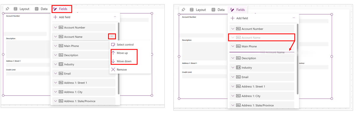 Screenshot of how to reoder fields on a form 