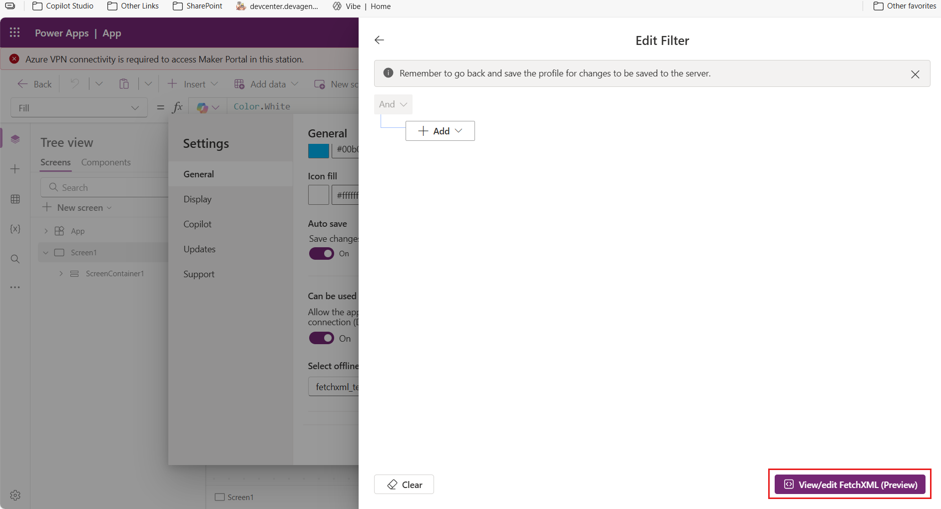 Screenshot of the FetchXML code editor in the offline profile filter editor.