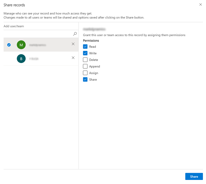 Select a user or team and assign them permission to the row. Select a user or team and assign them permission to the row.