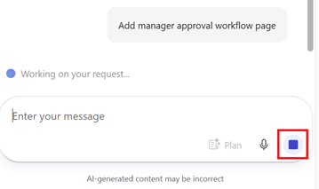 Screenshot of the stop button used to cancel a chat request in Power Apps vibe.
