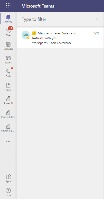 Screenshot of Power BI notifications in the Microsoft Teams activity feed.