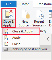 Screenshot of the Close and Apply button on the Home ribbon.