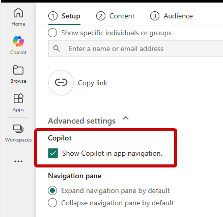 Screenshot of the app-scoped Copilot setting in Power BI app publishing options.
