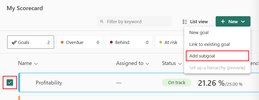 Screenshot showing how to select the Add Subgoal button.