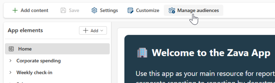 Screenshot of the Manage audiences button in org app authoring.