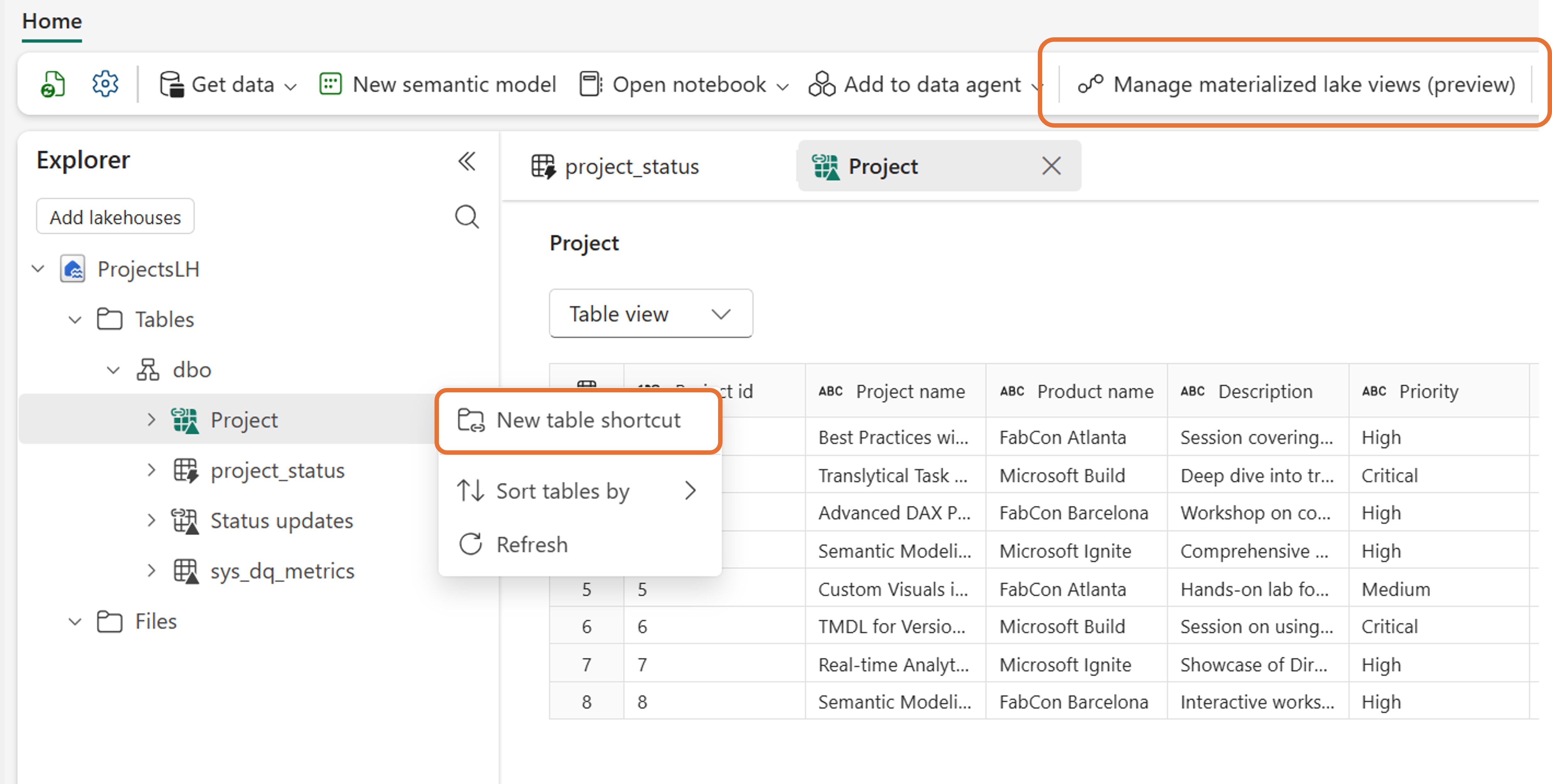 Screenshot showing the Lakehouse options for adding shortcuts and materialized lake views.
