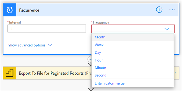 Screenshot of the recurrence settings in Power Automate showing the Interval and Frequency fields for a paginated report flow.