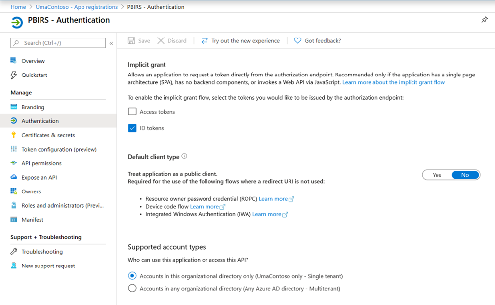 Screenshot of the PBIRS Authentication pane with the settings as described.