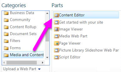 Screenshot showing how to select Content Editor Web Part.