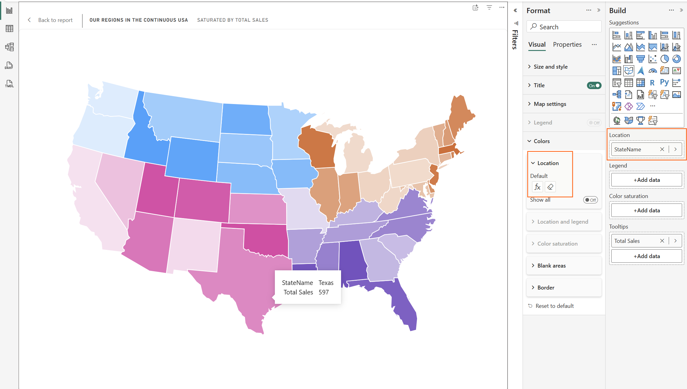 Screenshot of a Shape map showing US states colored by region with gradient saturation based on Total Sales.