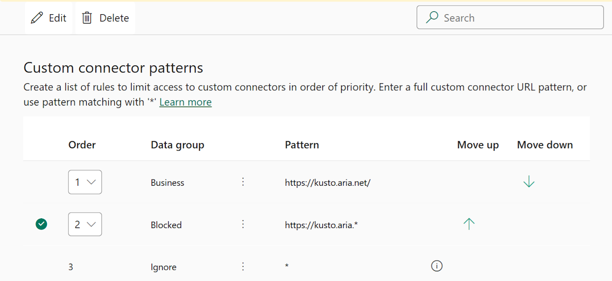 Update the order of the patterns by using the Order dropdown list or Move up and Move down.