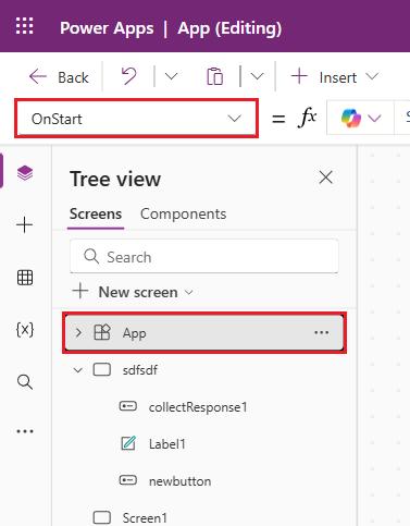 Screenshot of the App object selected in the Tree view pane. The properties pane is visible.