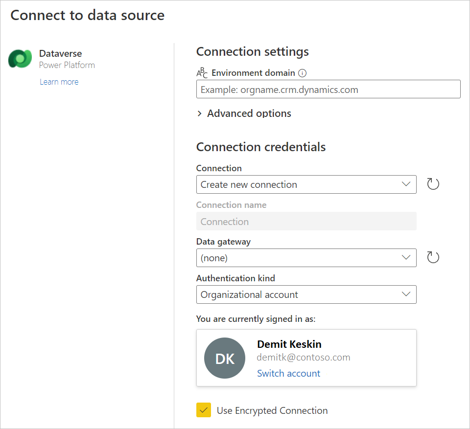 Screenshot of the connect to data source page for Dataverse.