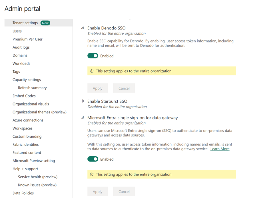 Screenshot of the Power BI tenant admin settings with Denodo SSO and Microsoft Entra ID SSO for data gateway enabled.