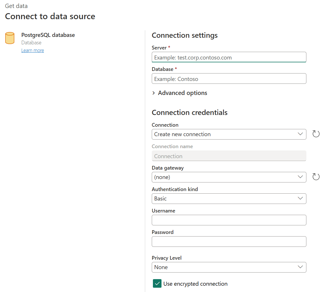 Screenshot of the PostgreSQL connection builder in Power Query Online.