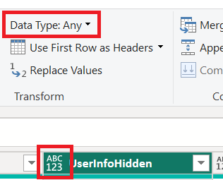 Screenshot of the data type any on a boolean column.
