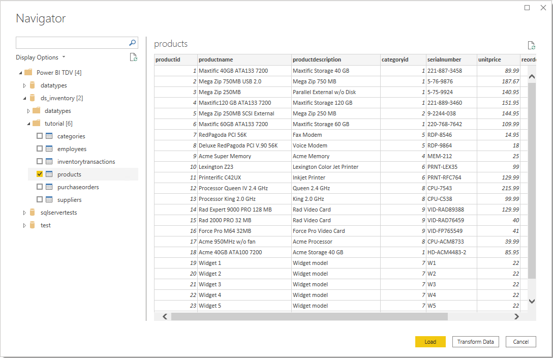 Screenshot of the Power Query Desktop Navigator showing the product data in TDV.
