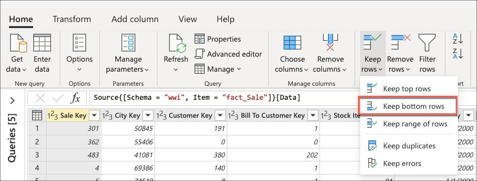 Screenshot of the Keep bottom rows transform found inside the Reduce rows group of the home tab.