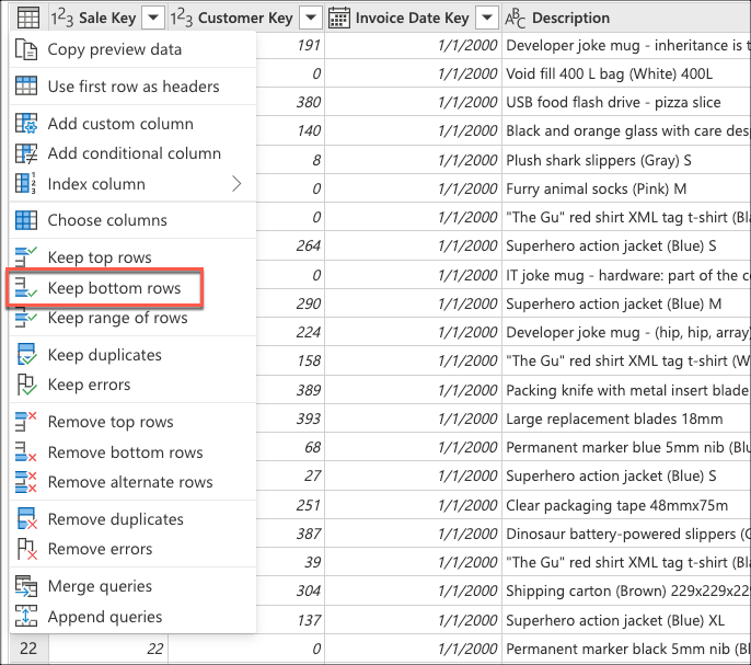 Screenshot of the table's contextual menu where you select the Keep bottom rows option.
