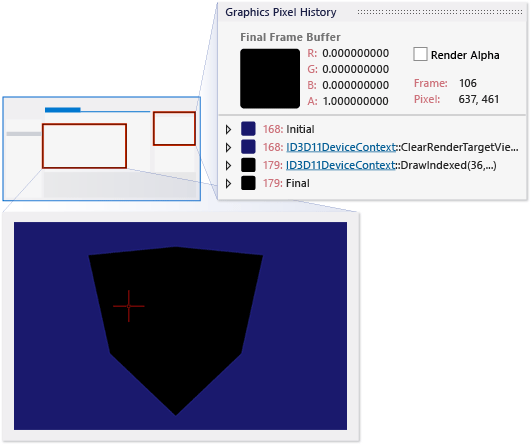 gfx_diag_demo_render_error_shader_step_2 Selecting a pixel displays info about its history.
