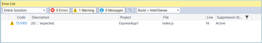 Screenshot that shows the Error List pane with the error listed.
