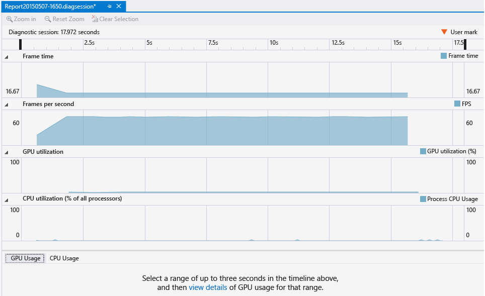 gfx_diag_gpu_usage_select1 Screenshot of a diagnostics session window in the GPU Usage tool with part of the diagnostic session timeline selected.