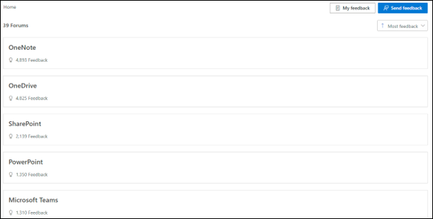 Screenshot: Selection of Microsoft products you can send feedback on.