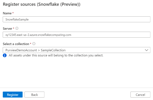 Screenshot of the Register sources page for Snowflake in Microsoft Purview with fields for name, server URL, and collection.