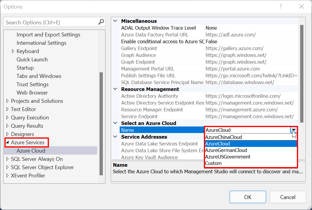 Screenshot of selecting type of Azure cloud in SSMS